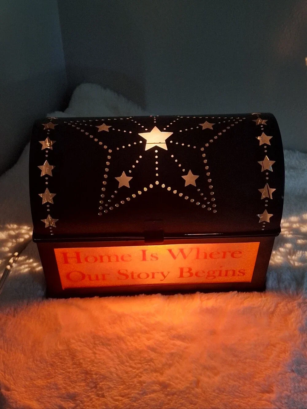 Rustic Black Punched Tin Accent/Nightlight Etched Glass Stars Primitive Decor